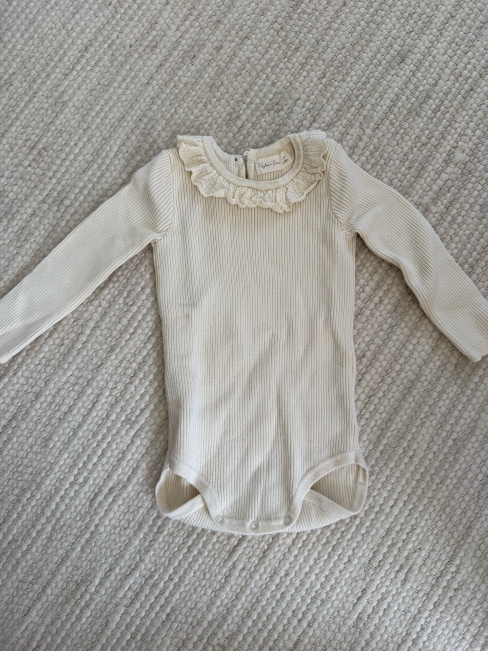 Rylee + Cru Cream Ribbed Long-Sleeve One-Piece with Ruffle Collar